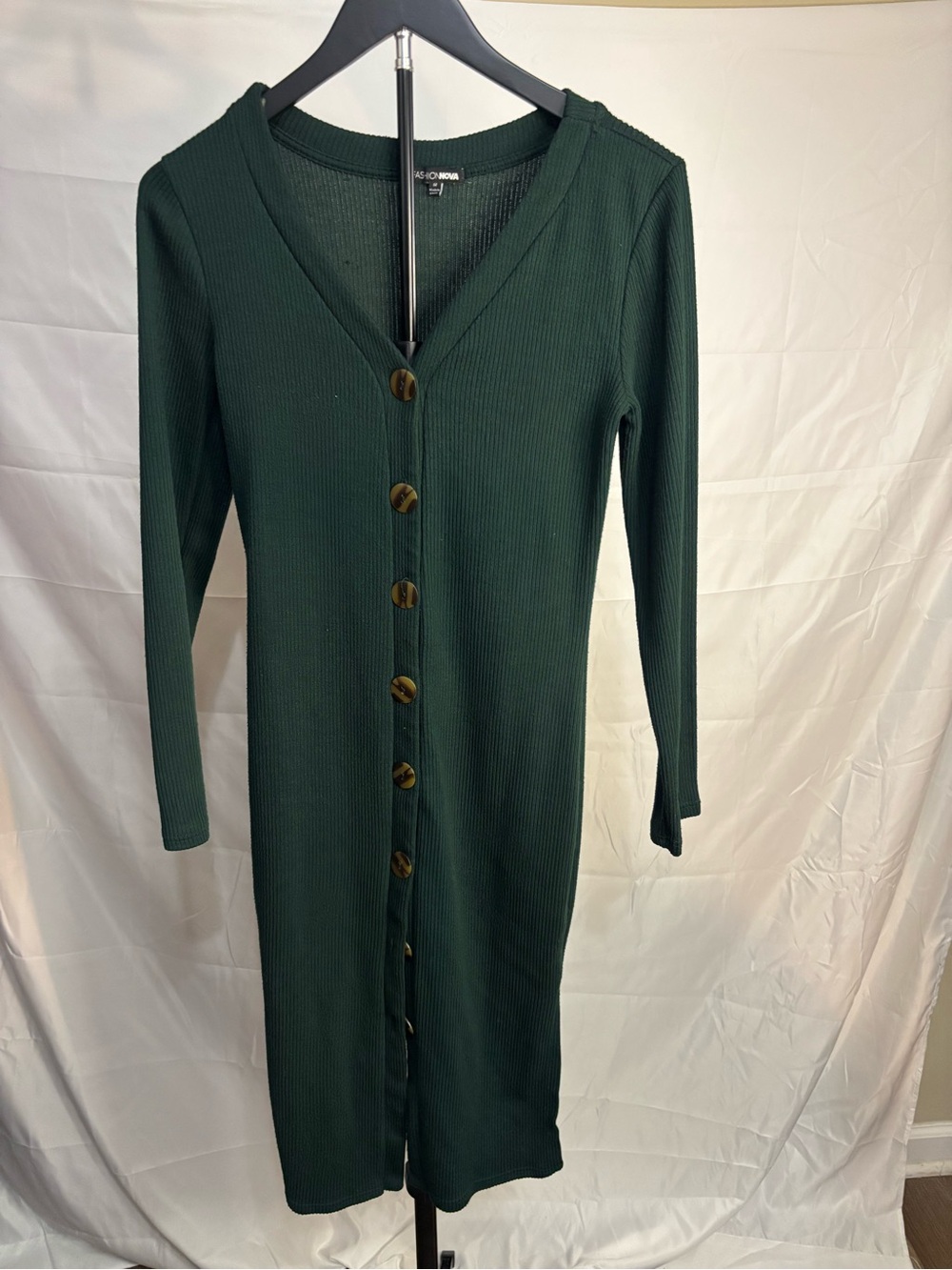 Fashion Nova Dark Green Ribbed Button-Front Dress
